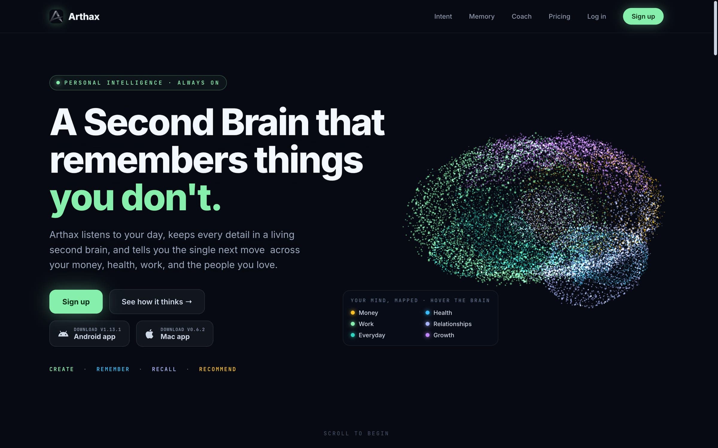 The Arthax home page: “A Second Brain that remembers things you don’t.” beside a glowing particle brain on a dark background