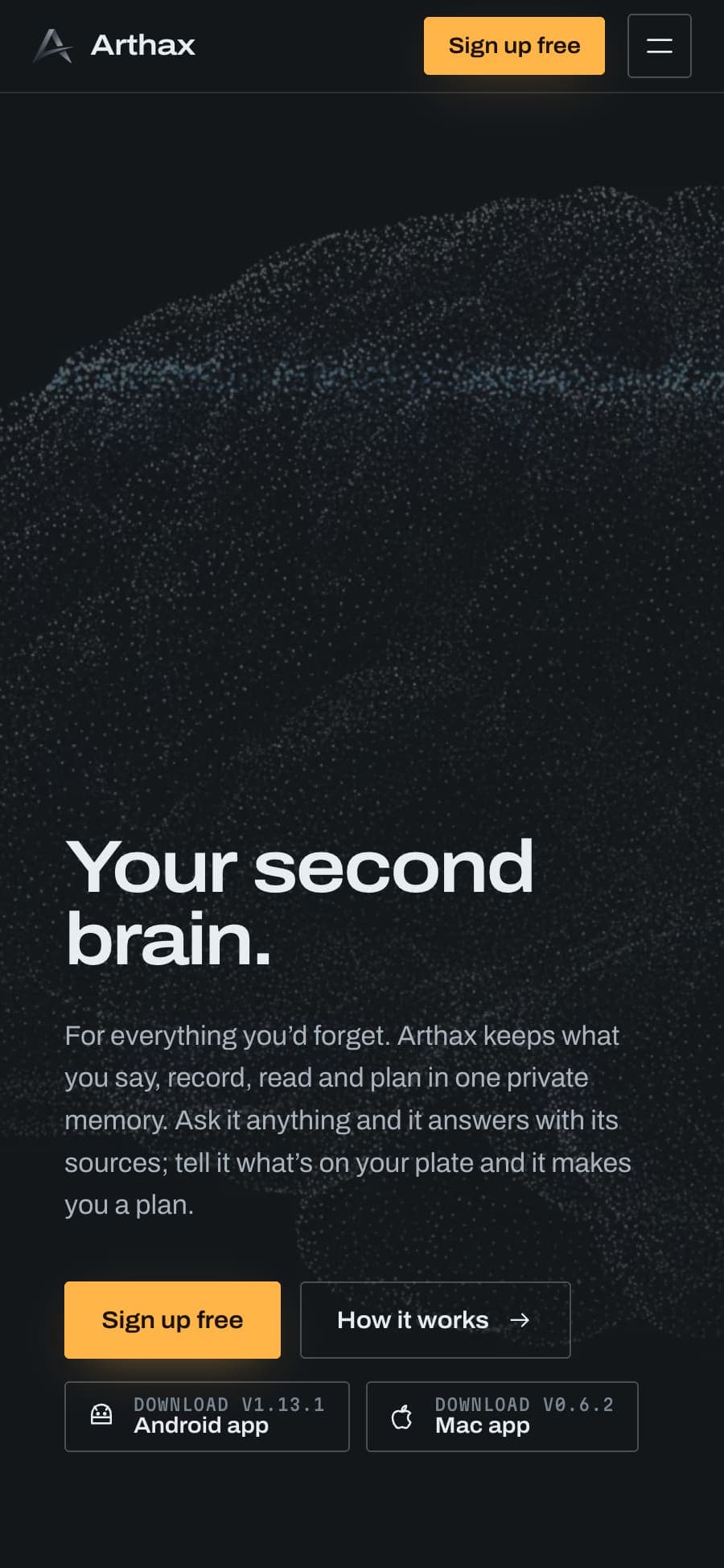 Arthax on a phone, with its headline and a Sign up free button