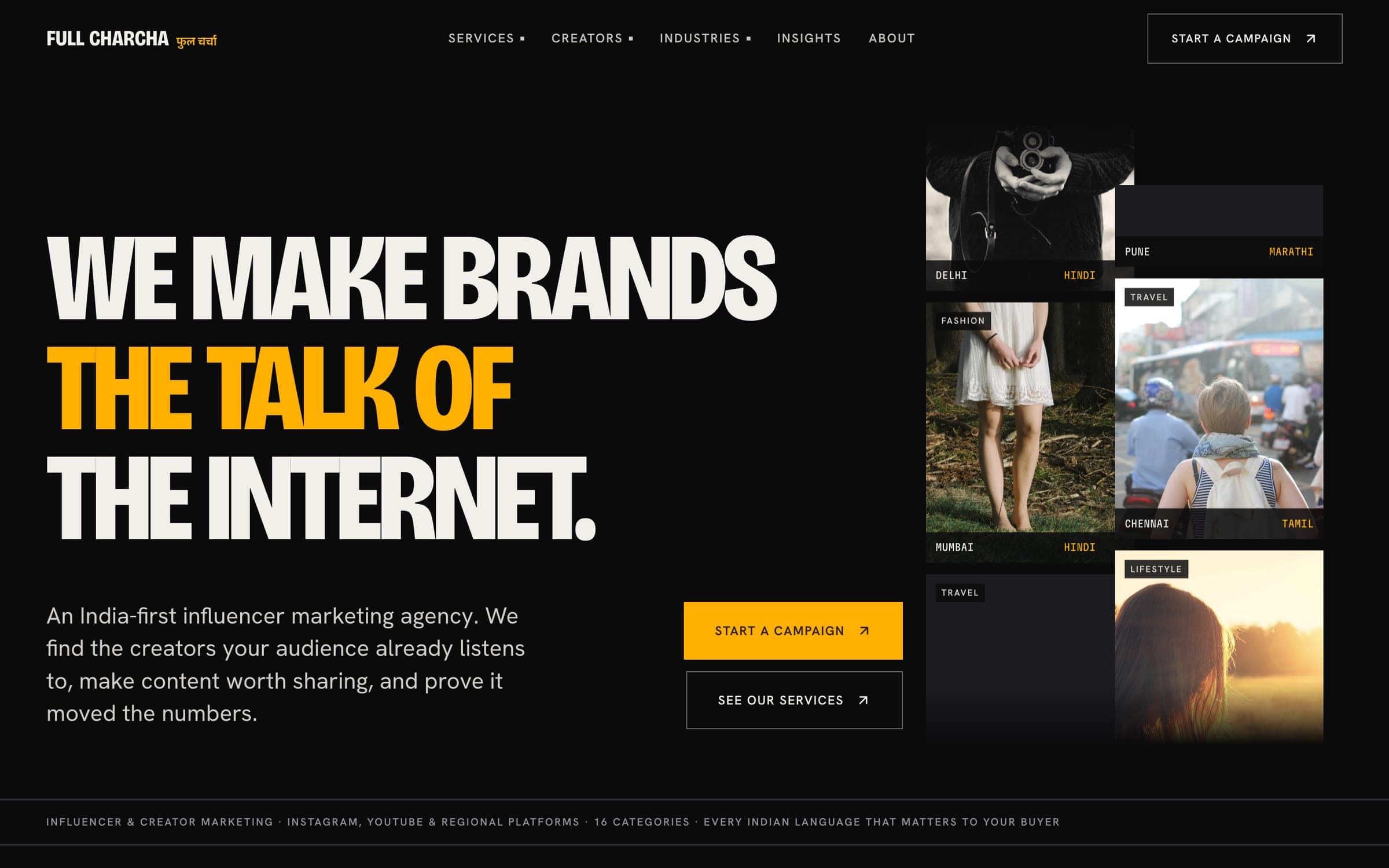 The FullCharcha home page: “We make brands the talk of the internet.” in bold type beside creator photos tagged by city and language