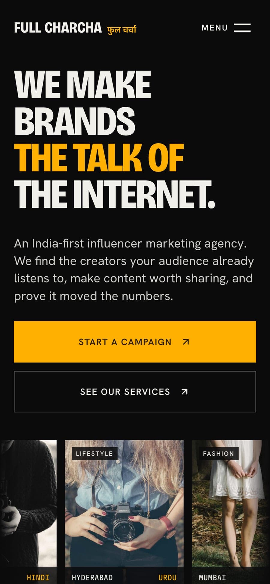 FullCharcha on a phone, with its headline and a Start a campaign button