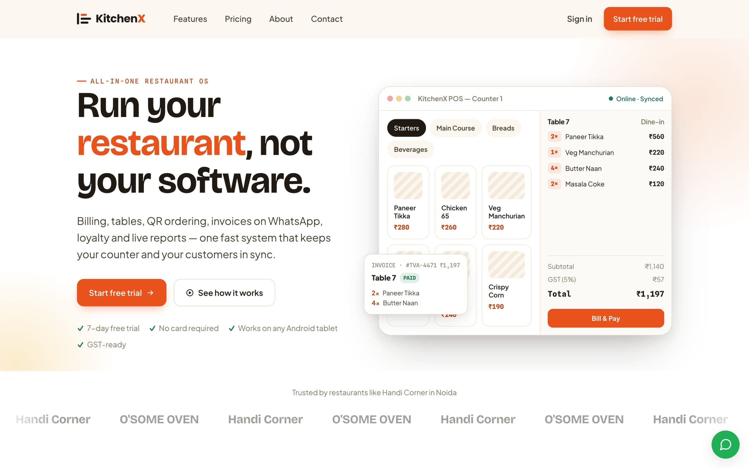 The KitchenX home page: “Run your restaurant, not your software.” beside the POS billing screen for a dine-in table