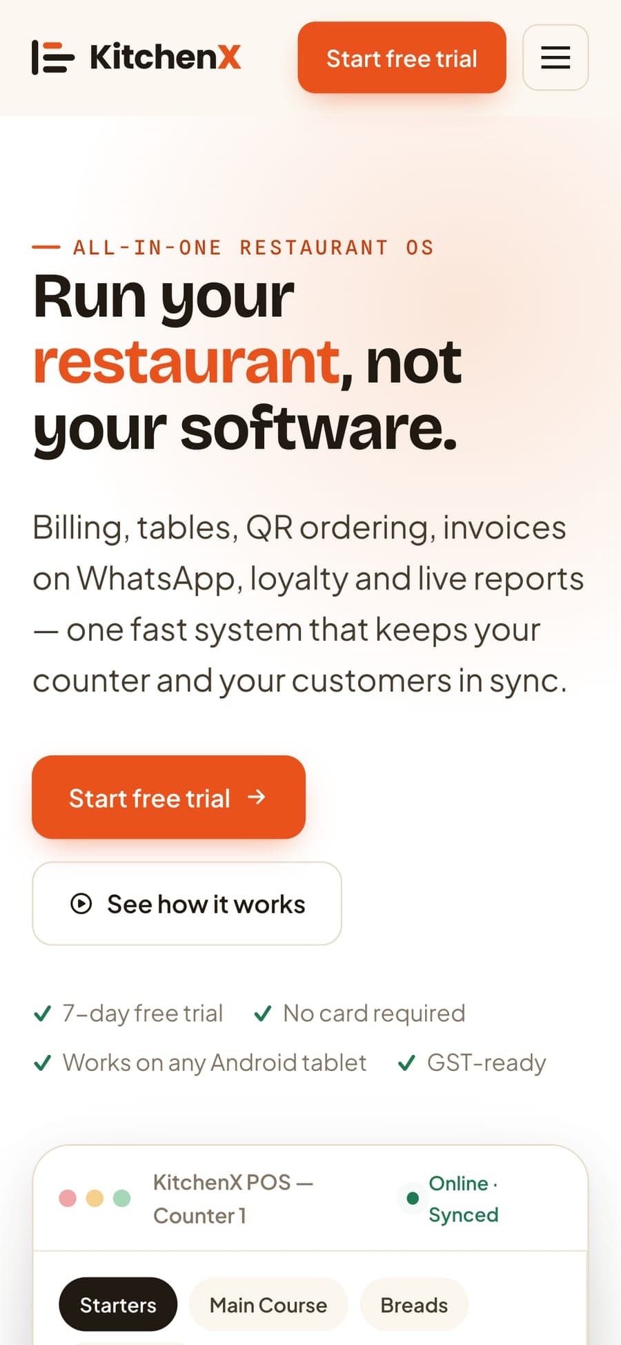 KitchenX on a phone, with its headline and a Start free trial button