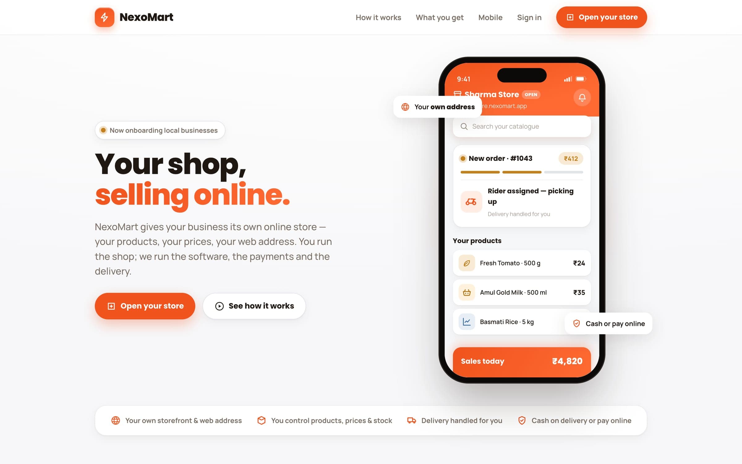 The NexoMart home page: “Your shop, selling online.” beside a phone showing a shop’s storefront, a new order and a rider on the way