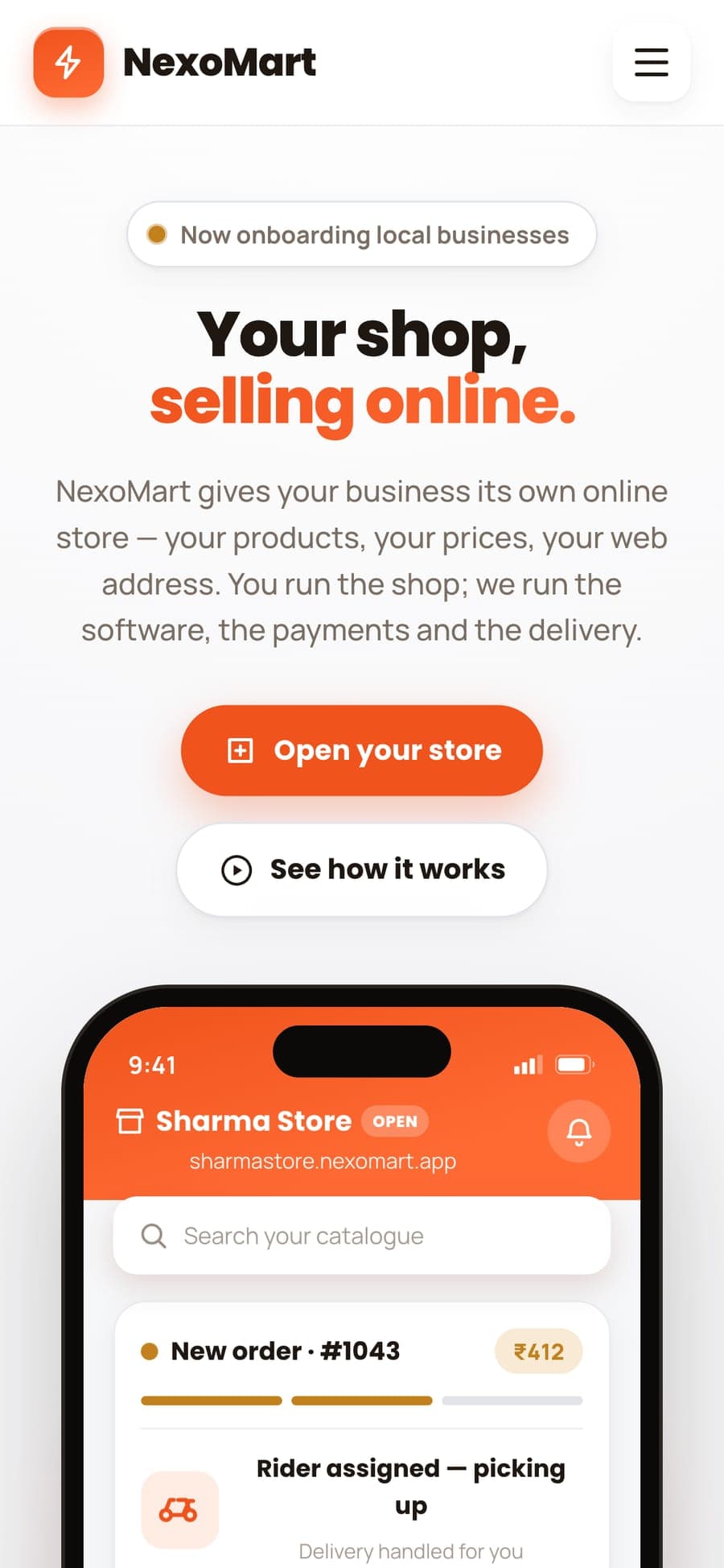 NexoMart on a phone, with its headline and an Open your store button