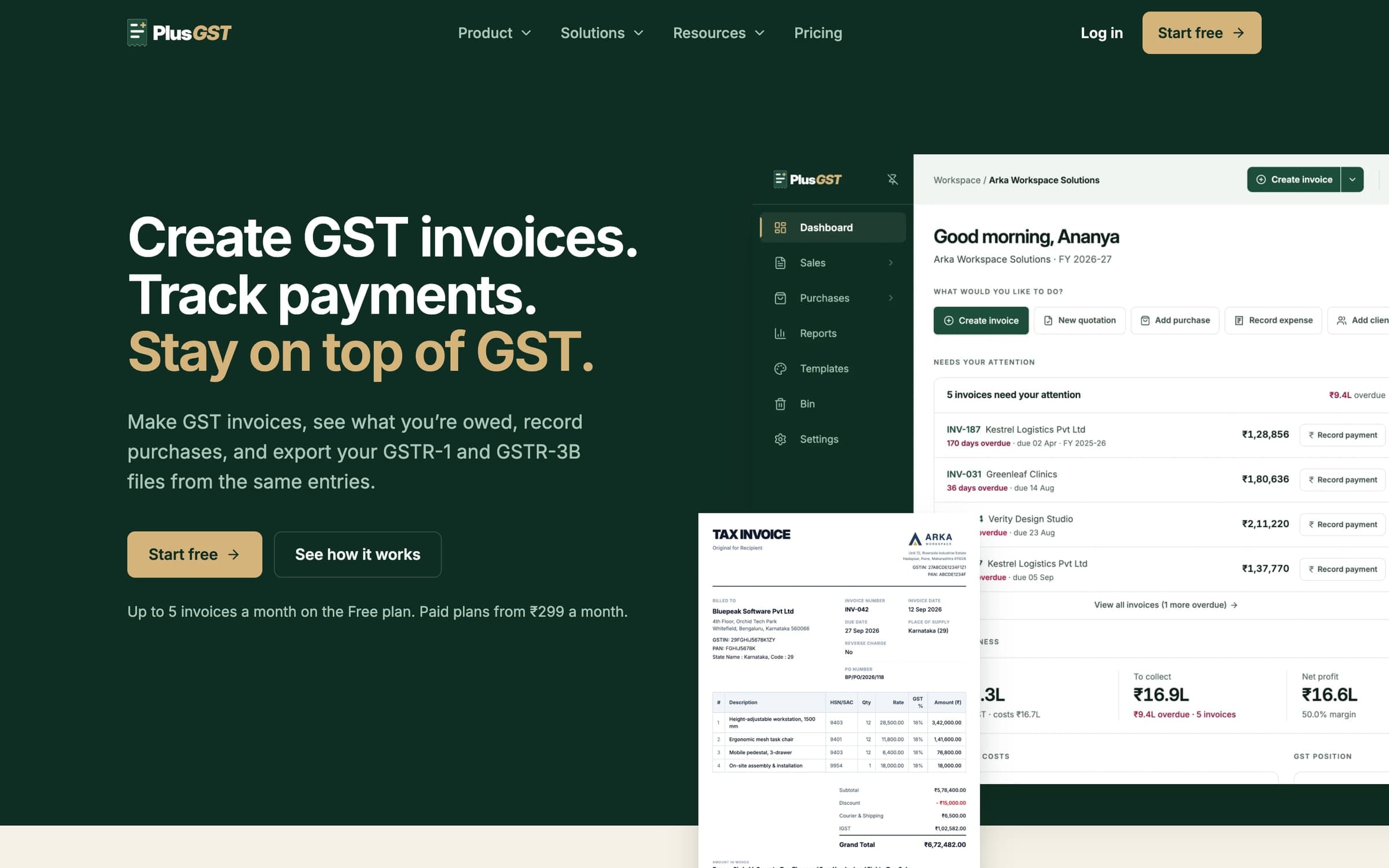 The PlusGST home page: “Create GST invoices. Track payments. Stay on top of GST.” beside a preview of the invoicing dashboard