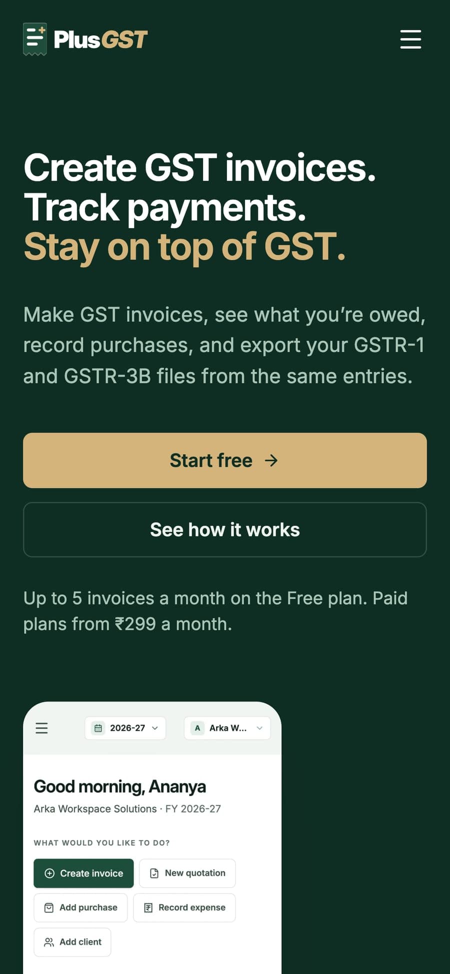 PlusGST on a phone, with its headline and a Start free button